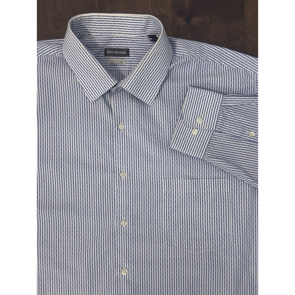 Van Heusen Size‎ 17.5 Wrinkle Free Mens Blue Striped Seersucker Button Up Shirt
